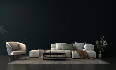 Modern black living room and empty wall texture background interior design. 3d rendering