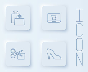 Set line Paper shopping bag, Shopping cart on screen laptop, Scissors cuts discount coupon and Woman shoe. White square button. Vector