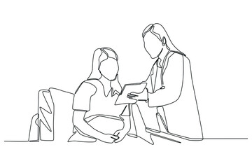 Single one line drawing woman patient is consulting a doctor regarding his illness. Need a Doctor concept. Continuous line draw design graphic vector illustration.