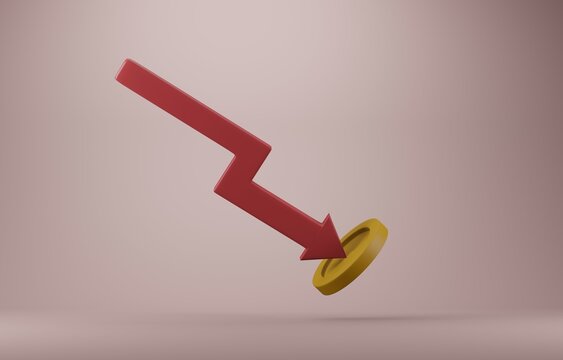 3D red down arrow hitting coin, financial crisis, decrease in value of money due to inflation or recession, stock market crash concept, 3d illustration.