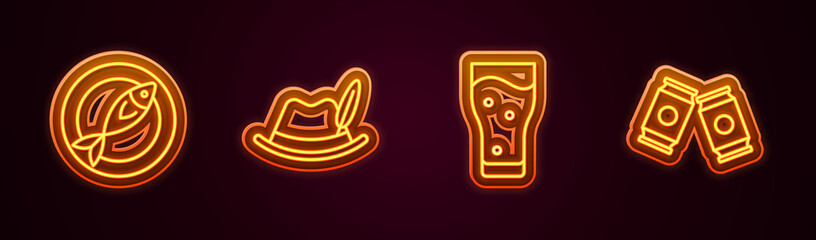Set line Dried fish, Oktoberfest hat, Glass of beer and Beer can. Glowing neon icon. Vector