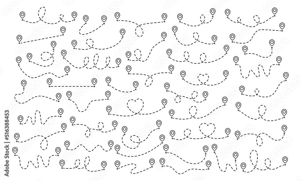 Aufkleber pin map dotted line route set. navigation pointers spotted lines elements collection. vector illustr