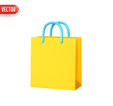 Bag with handle is stylish for shopping. Shopping yellow packages. Realistic 3d design In plastic cartoon style. Icon isolated on white background. Vector illustration