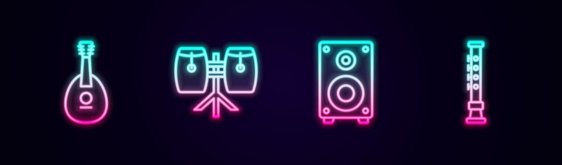 Set line Mandolin, Conga drums, Stereo speaker and Flute. Glowing neon icon. Vector