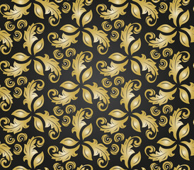 Floral ornament. Seamless abstract classic black and golden background with flowers. Pattern with repeating floral elements. Ornament for fabric, wallpaper and packaging