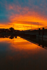 Beautiful sunset with reflections near Plattling, Isar, Bavaria, Germany