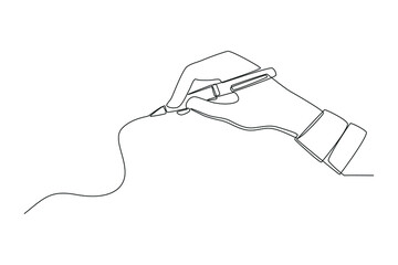 One continuous line drawing of hand using a pen for writing. Back to school concept. Single line draw design vector graphic illustration.