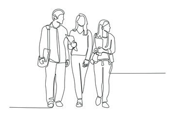 One continuous line drawing of happy students walking together on school. Back to school concept. Single line draw design vector graphic illustration.