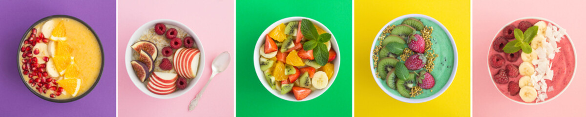 Collage of breakfast, lunch and snack on the colored background. Top view of smoothie, fruit salad...
