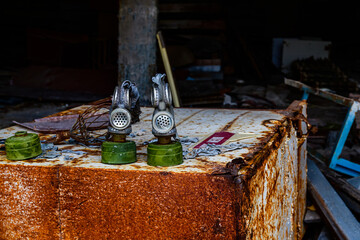 Old soviet gas masks in abandoned building at the Chernobyl exclusion zone, Ukraine