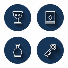 Set line Medieval goblet, Magic carpet, Bottle with potion and Old magic key with long shadow. Blue circle button. Vector
