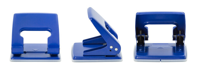 Hole puncher blue color three type isolated on white background.[Clipping path].