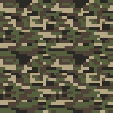 Texture military camouflage repeats seamless army green hunting. Abstract military camo background for army and hunting textile print. Vector illustration. Free Vector, Pixel art style