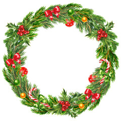 Watercolor Christmas wreath. Collection of Christmas décor. 