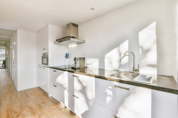 Interior of spacious light kitchen with modern white furniture and pop art portrait in light apartment