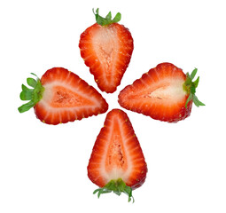 Strawberries group sliced with stem on white background