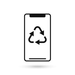 Mobile phone flat design icon with recycle sign.