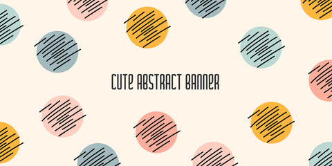 Polka dot pattern in pastel color on beige background with space for text. Cute horizontal panoramic banner template for advertising, sale, invitation card. Backdrop with colorful circles and doodles