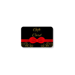 Black gift card template design with bow and red satin ribbon. Vector illustration