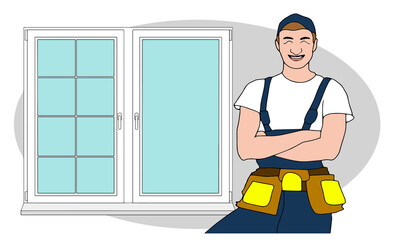 Workers install carry house windows building glass icons set flat design template vector illustration