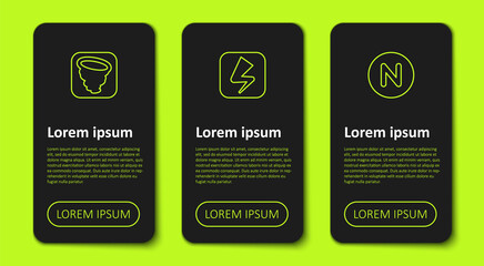 Set line Tornado, Lightning bolt and Compass north. Business infographic template. Vector