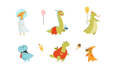 Sweet funny baby dinosaurs set. Cute prints for nursery, t-shirt, kids apparel, party design cartoon vector illustration