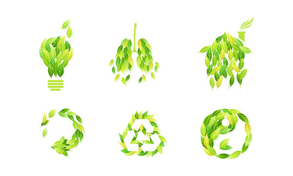Symbols made of green leaves set. Yin yang, recycling, light bulb signs, logo, emblem, creative ecology design vector illustration