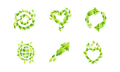 Symbols made of green leaves set. Logo, emblem, creative ecology design vector illustration
