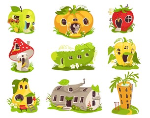 Obraz premium Cartoon fantasy houses. Fairy tales magical homes. Little dwellings. Fruits or vegetables with doors and windows. Imaginary small characters cottages. Fantastic huts. Splendid vector set