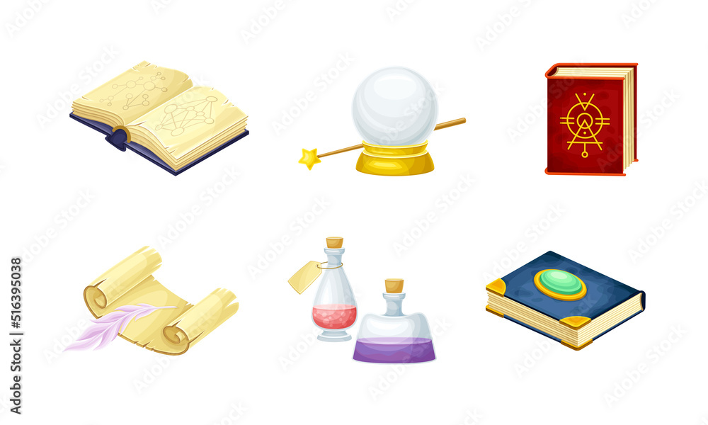 Poster magical object and witchcraft equipment with crystal ball, spellbook and jar with potion vector set