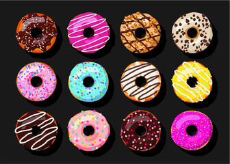 Donuts Doughnuts Isolated On Black Background Vector - 516395000