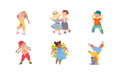 Funny Boy and Girl Dancing and Moving to Music Vector Illustration Set