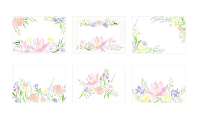 Flower Frame with Tender Buds and Blooming Twig with Floral Blossom Vector Set