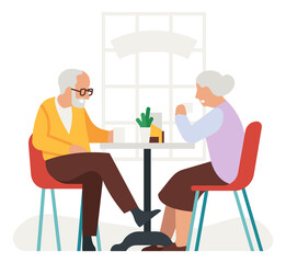 Elderly people drinking tea. Old couple sitting at table and talking