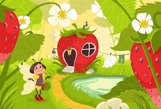 Fantasy house landscape. Fairytale strawberry shaped dwelling and cute citizen. Butterfly character. Imaginary insect. Berry homes. Fantastic garden cottages. Splendid vector concept