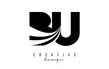 Creative black letters BU b u logo with leading lines and road concept design. Letters with geometric design.