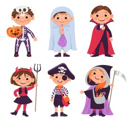 Halloween kids. Costumed horror party. Boys and girls dressed scary monsters. Young characters in festive clothes. Traditional holiday celebration. Vector children carnival outfits set