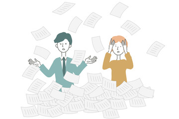 書類の山に埋もれる男性と女性　ビジネスイメージ
イラスト