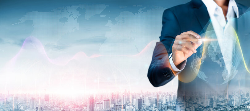 Global business and International trade concept, Businessman draw on world map virtual screen with network connection at city urban skyline background, Worldwide and smart technology digital interface