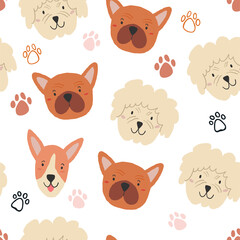 Vector seamless pattern with cute dog faces, paws on white background. Domestic dogs pattern design.