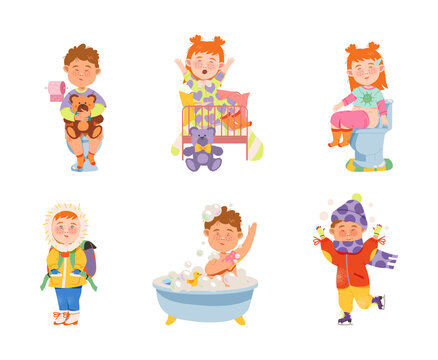 Daily Routine of Little Boy and Girl Character with Bathing, Getting Up in the Morning and Going to School Vector Set