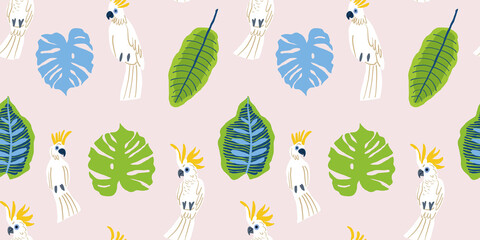 Vector seamless tropical pattern with white parrots and tropical leaves on pink background. Hand drawn style holiday pattern. Pink paradise textile design