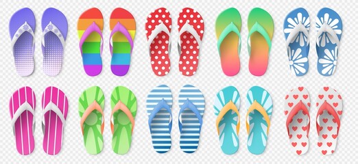 Realistic colorful flip flops model. 3D rubber shoes. Patterned bright sandals top view. Beach summer footwear. Bathroom feet accessories. Casual clothing. Vector isolated slippers set - obrazy, fototapety, plakaty