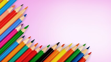 Concept of school year with heap colored pencils Art stationery shop card. Year color.