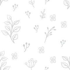 Leaves and flowers seamless pattern. Doodle nature elements background texture. Botanical design.