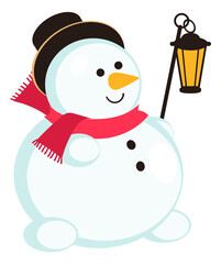 Snowman in red scarf with lantern. Cute cartoon character