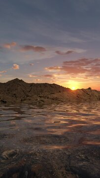  Vertical Rocky Desert 3D Rendered Terrain Landscape with Looping Clear Water at Sunset