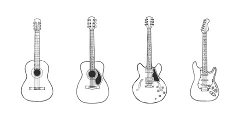 Guitars. Hand Drawn guitars. Guitar types. Hand drawn style. Vector illustration