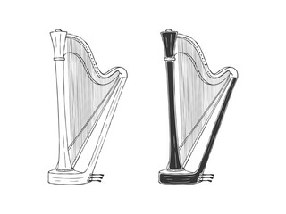 Harp. Hand-drawn Harps. Musical instruments in the drawing style. Vector illustration