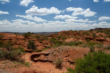 Prehistoric cliffs in Sierra de las Quijadas National Park. Arid desert landscape. Red sandstone, hills, canyon and valley view.